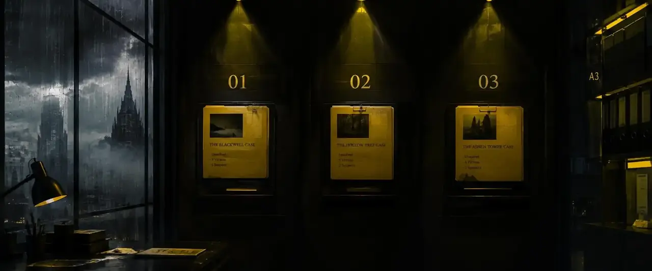 悬念榜的档案墙与聚光灯,编号案卷依次排列 悬念榜的档案墙与聚光灯,编号案卷依次排列