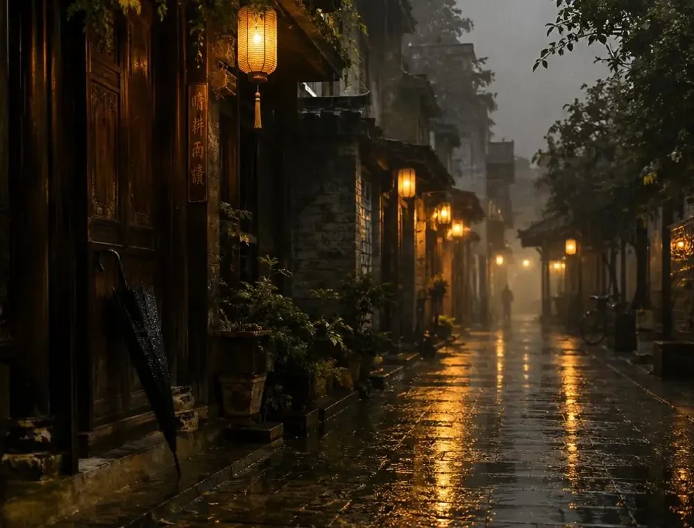 雨巷实景：湿砖墙与暗黄灯光下的黑色旧伞